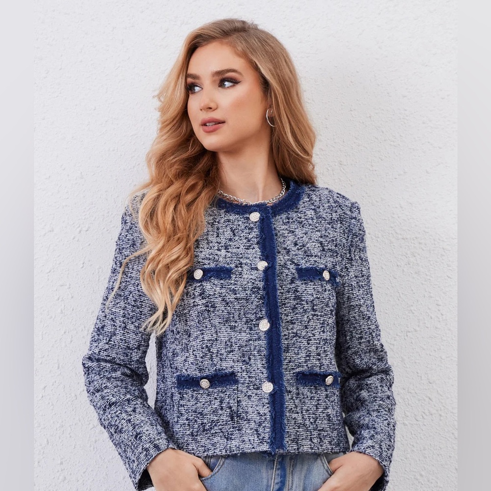 M.INFISAVO Navy Blue White Tweed Frayed Trim Pearl Button Blazer Jacket NEW